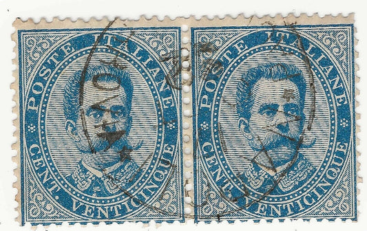 1879 Regno - Coppia 25 c. azzurro Umberto I usato con annullo originale