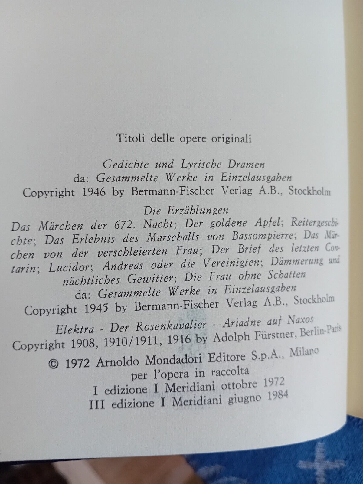 Hofmannsthal NARRATIONS AND POEMS - Meridiani Mondadori