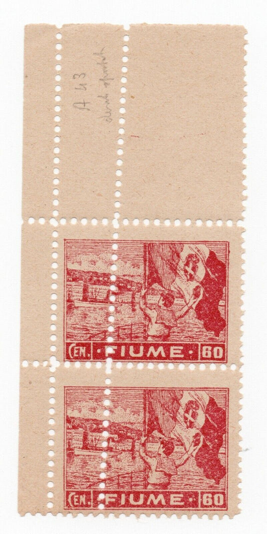 1919 - Regno d'Italia (Fiume) - Allegorie, coppia 60 c. lacca dent. spostata MNH