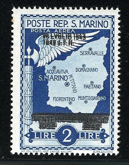 1943 San Marino - Posta aerea Caduta del Fascismo 2 L. doppia soprastampa MH*