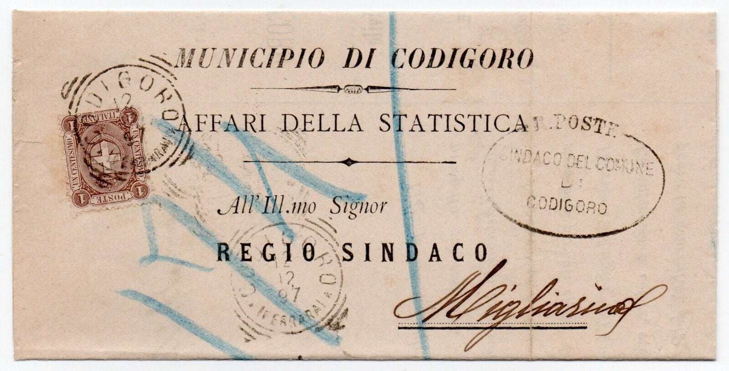 Regno d'Italia - 1 cent. bruno 1896 isolato su lettera Municipio di Codigoro