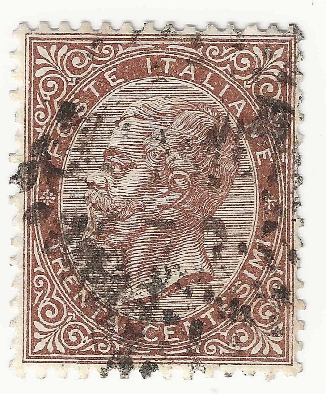 1865 Regno - 30 cent. bruno Vittorio Emanuele De la Rue tiratura di Torino usato