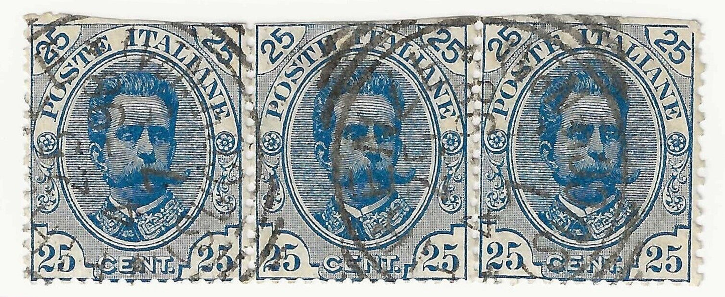 1891-96 Regno d'Italia - Striscia di tre 25 cent. azzurro Umberto usata