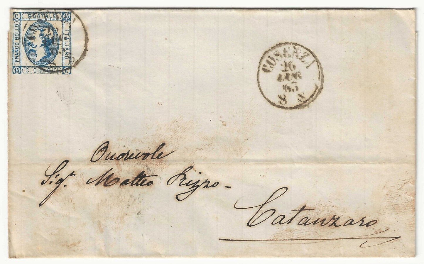 Regno - 15 cent. 1863 (II tipo) su piego per Catanazaro con annullo Cosenza