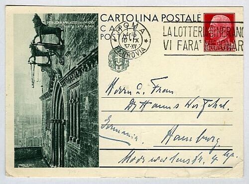 1933 Regno - Cartolina postale Turistica 75 c. Perugia Palazzo dei Priori usata