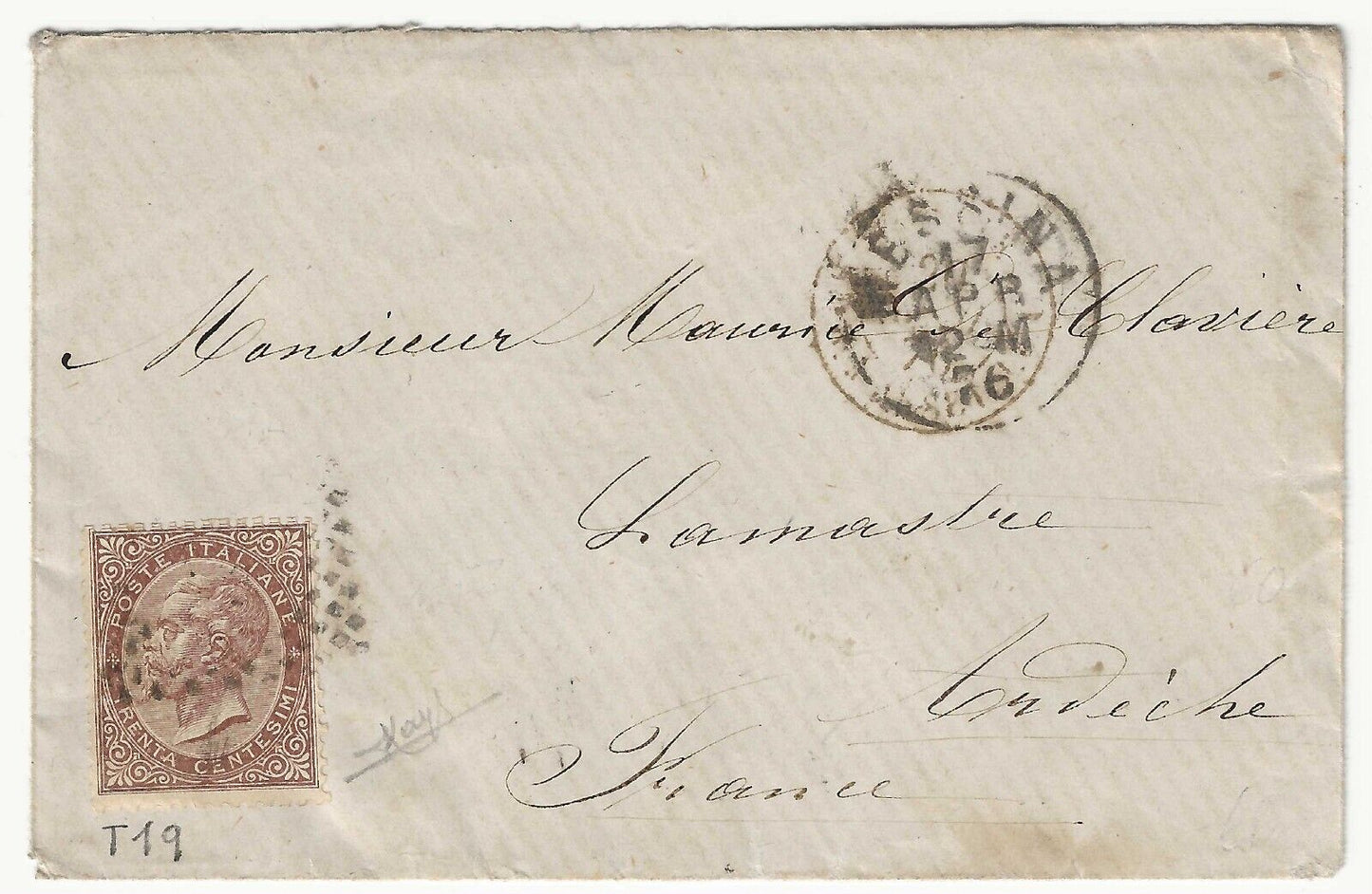 Royaume - 30e s. édition marron 1865 Turin isolée sur enveloppe pour la France