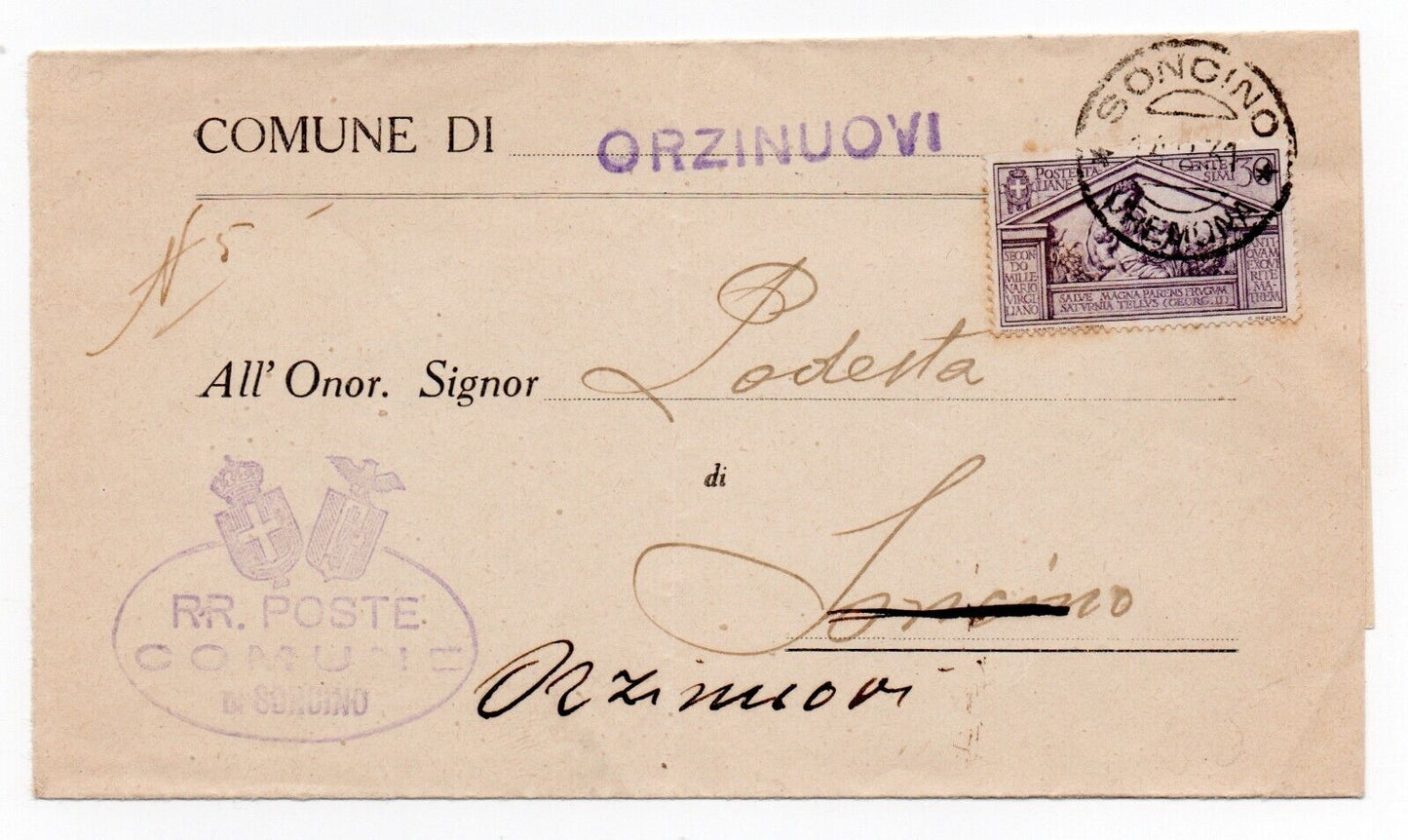 Royaume - 50 s. naissance violette de Virgile isolée sur feuille Commune d'Orzinovi