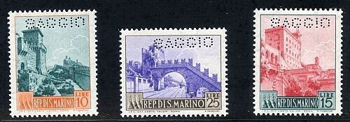 1955 San Marino - 120, 15 e 25 L. serie Vedute perforati SAGGIO MNH**