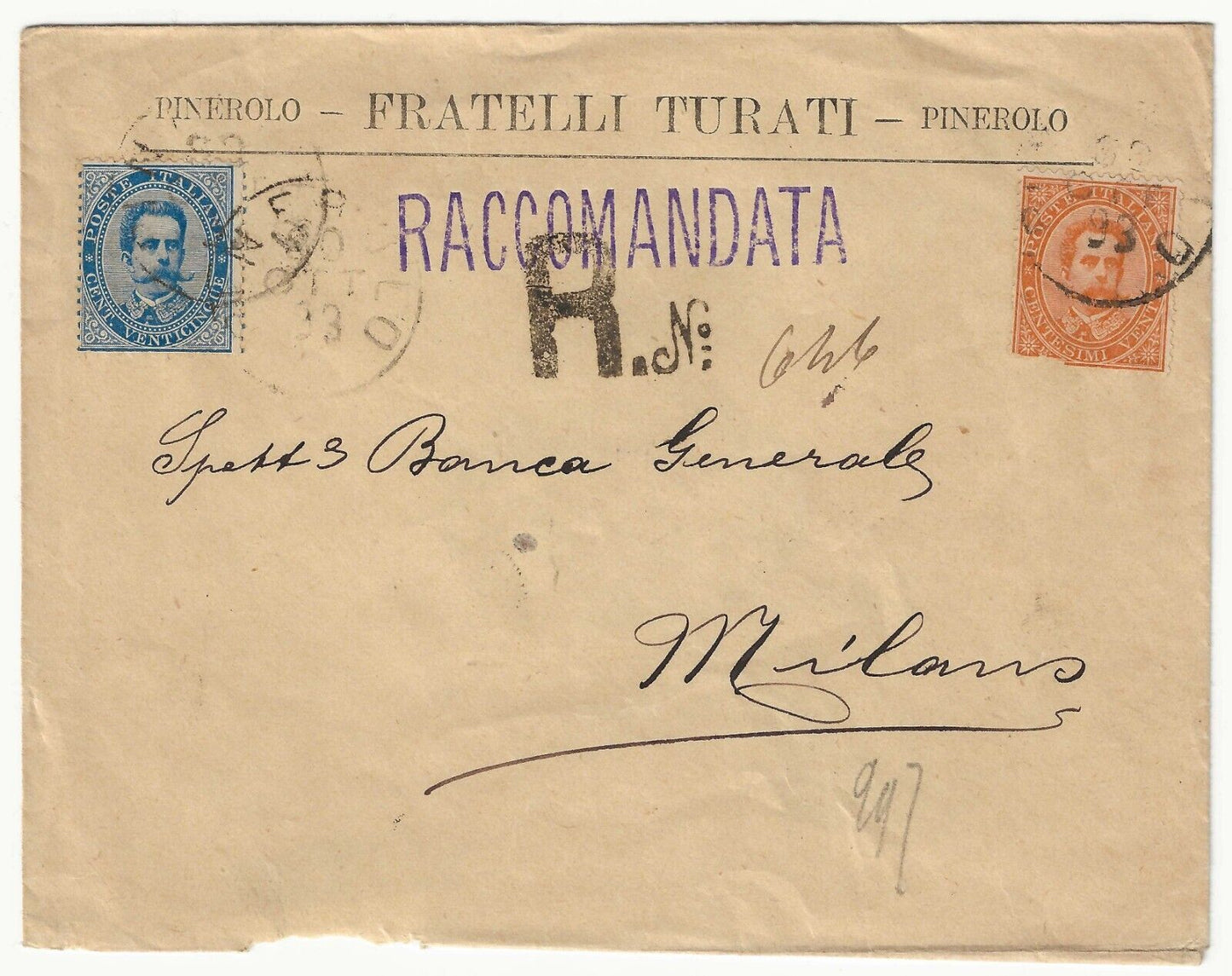 Regno - 25 cent. azzurro e 20 cent. Umberto 1889 su raccomandata per Milano