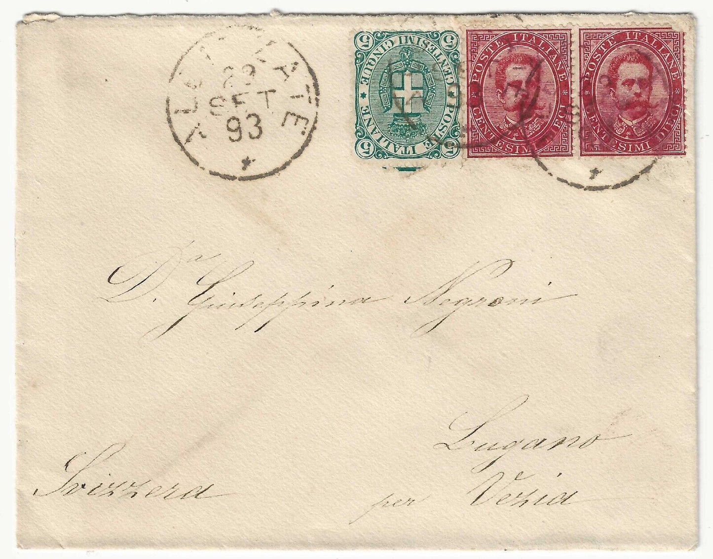 Regno - Coppia 10 c. rosso Umberto 1879 con 5 c. verde su busta per la Svizzera