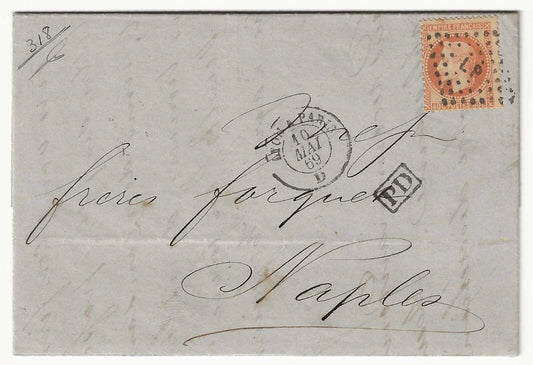 Lettera di 1° porto da Lione a Napoli 1869 ferrovia Lyon-Montpellier a Marsiglia