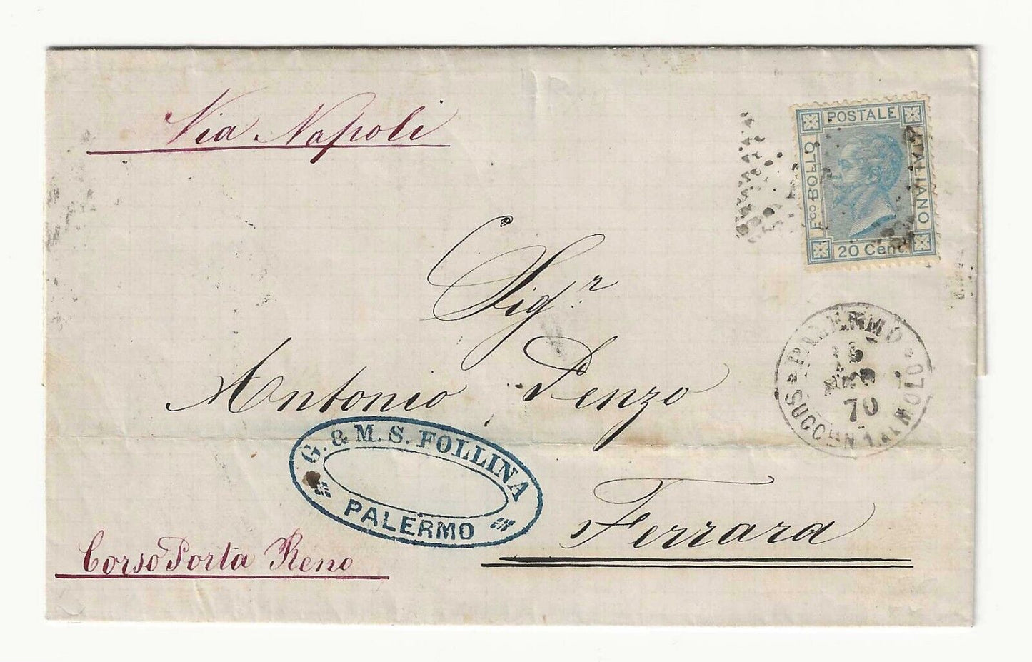 Regno d'Italia - 20 cent. De La Rue 1867 su piego con annullo Palermo Succursale