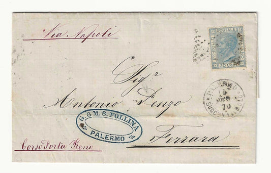 Regno d'Italia - 20 cent. De La Rue 1867 su piego con annullo Palermo Succursale