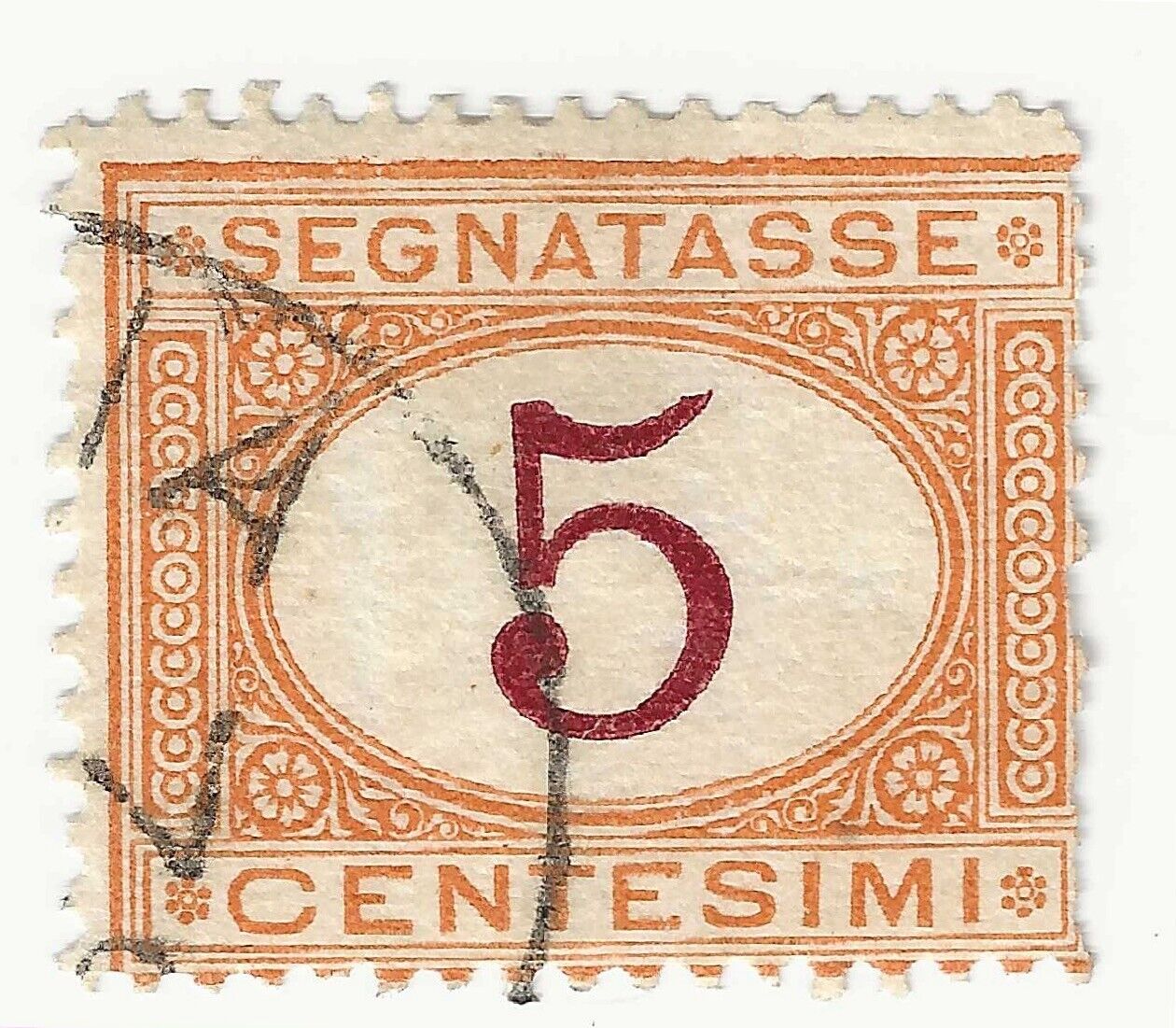 1870 Regno d'Italia - Segnatasse I emissione, 5 c. ocra e carminio usato