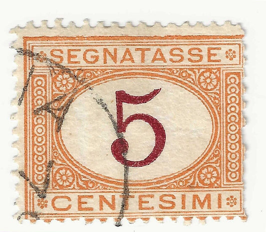 1870 Regno d'Italia - Segnatasse I emissione, 5 c. ocra e carminio usato