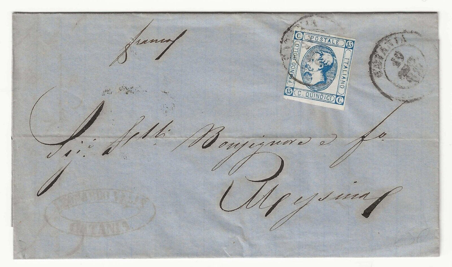 Regno - 15 cent. 1863 (I tipo) su piego per Messina con annullo Catania