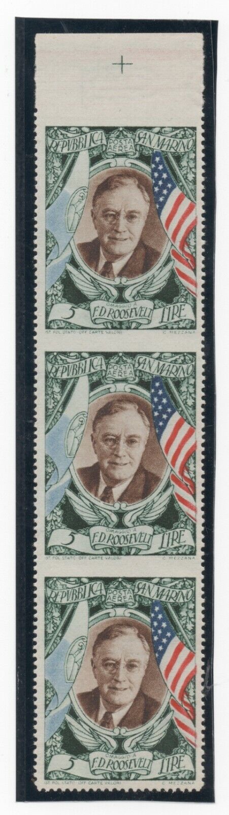 1947 - San Marino - Omaggio al Presidente USA, 2 L. striscia di 3 varietà MNH**