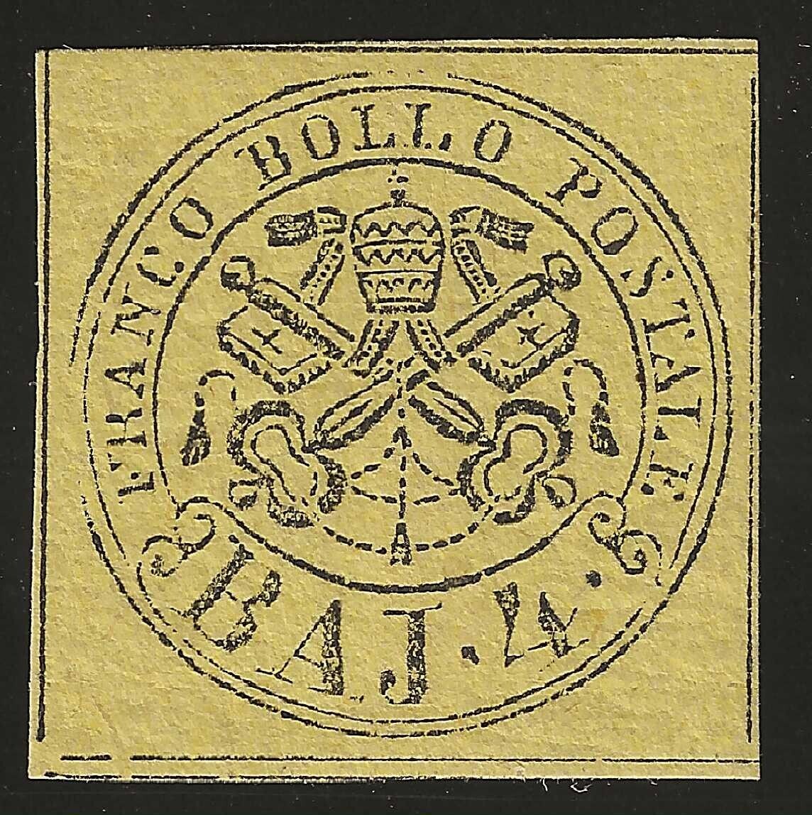 1852 Antichi Stati (Pontificio) - 4 baj. giallo I emissione firma A. Diena MH*