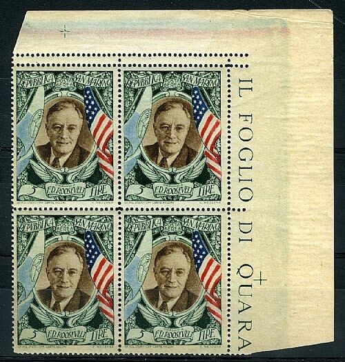 1947 San Marino - Blocco 5 L. Roosevelt doppia dentellatura in alto MNH**