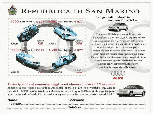 1999 San Marino - Foglietto Audi industrie automobilistiche MNH**