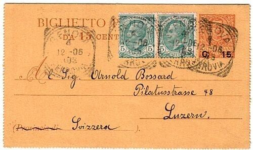 Regno - Biglietto postale 15 su 20 c. arancio per la Svizzera con Leoni 5 c.