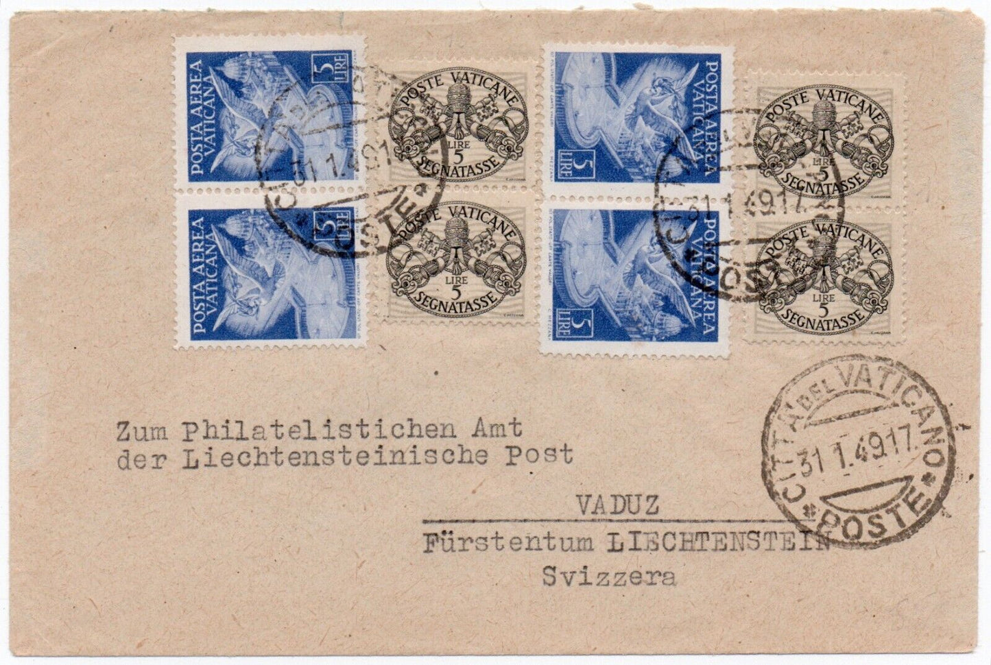 Vaticano - Busta per il Liechtenstein con 5 L. PA 1947 e segnatasse 5 L. 1945