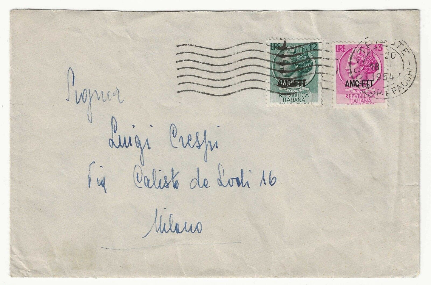 Trieste Zone A (AMG-FTT) - 12 L. + 13 L. "Italia Turrita" on envelope for Milan