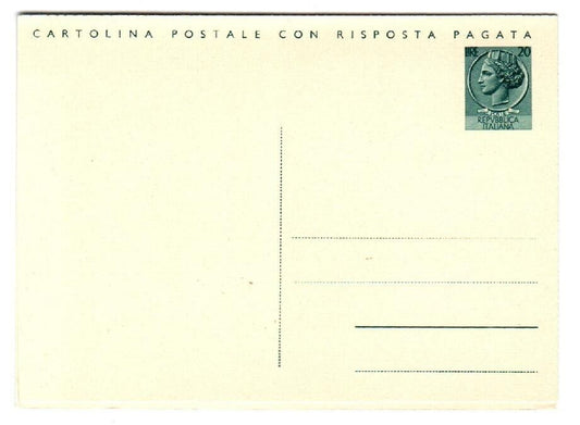 Repubblica italiana - Cartolina postale con risposta 20 +20 L. Siracusana nuova