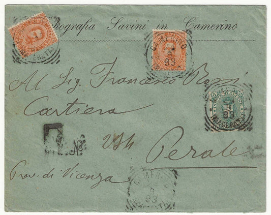 Regno d'Italia - Busta bicolore con 20 c. Umberto I 1879 e 5 c. 1891 per Perale