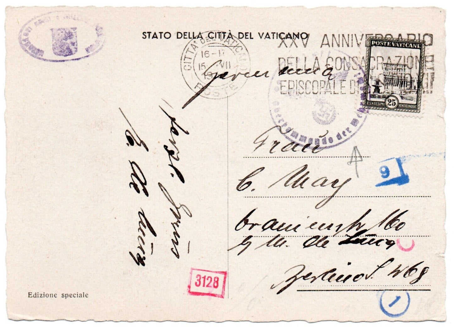 Vaticano - Cartolina con 25 c. serie "Giardini" 1933 annullo 15.7.1940