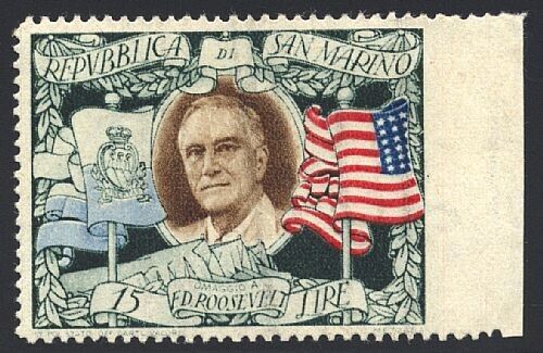 1947 San Marino - 15 L. Roosevelt non dentellato a destra MNH**