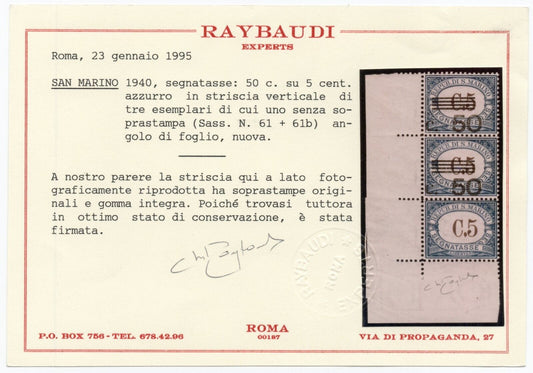 1940 - San Marino - 50 c. su 5 c. Varietà su ang. di foglio (Raybaudi) MNH**