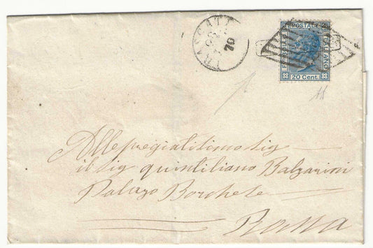 Regno d'Italia - 20 cent. 1867 con annullo a griglia su piego per Roma A. Diena