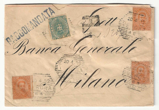 Regno d'Italia - Busta con affrancatura bicolore 20 c. Umberto 1879 e 5 c. 1891