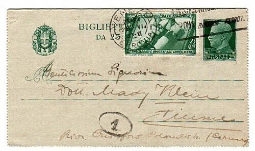 1931 Regno - Cartolina postale 25 c. verde con 25 c. serie Decennale per Fiume