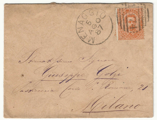 Regno - 20 c. arancio Umberto I 1879 su busta per Milano annullo Menaggio 1887