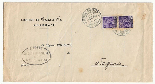 République sociale d'usage tardif (RSI) - Paire 50 cent. violette 1944 sur feuille