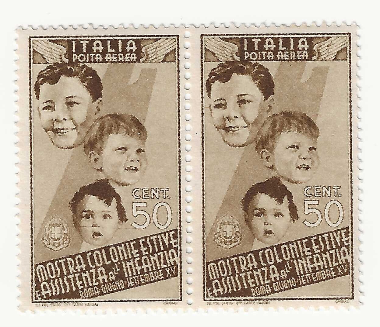 1937 Regno d'Italia - Mostra Colonie estive, coppia 50 c. Posta Aerea MNH**