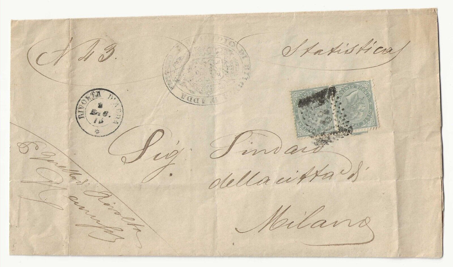 Regno d'Italia - Coppia 5 cent. Torino 1865 su piego con annullo Rivolta d'Adda