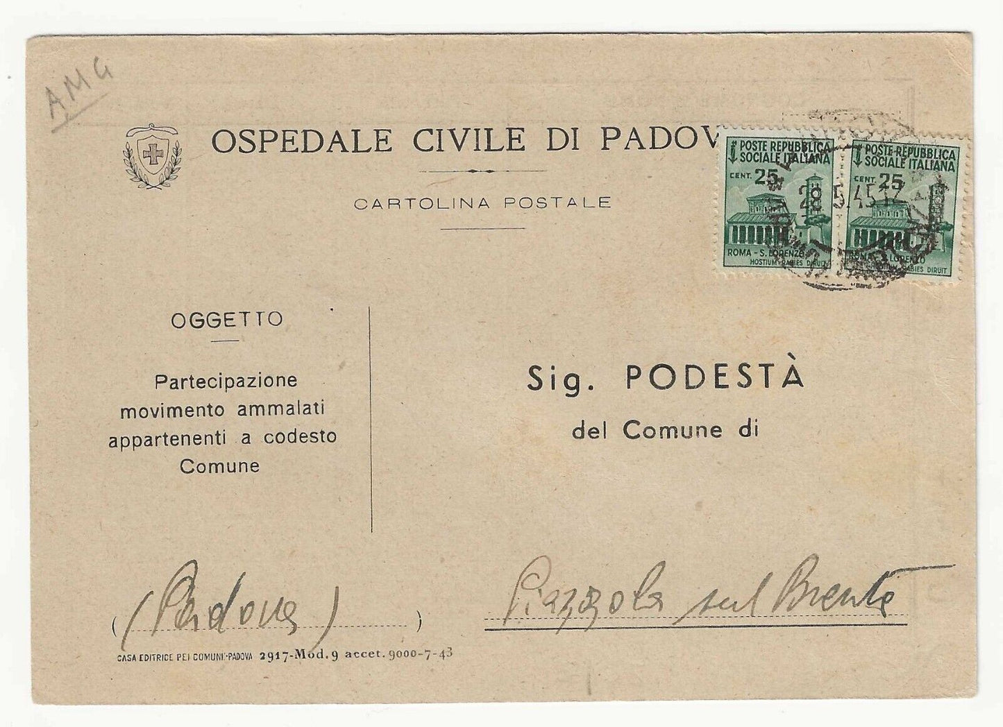 République sociale d'usage tardif (RSI) - Paire 25 cents. 1944 sur carte postale