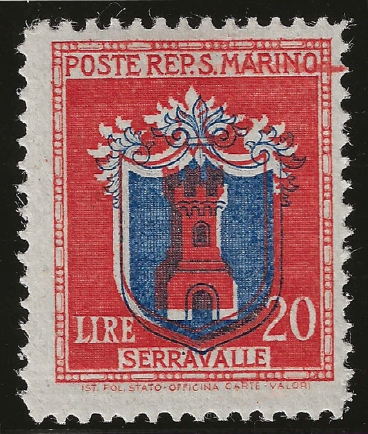 1945 San Marino - Coat of arms 20 L. with blue moved MNH**