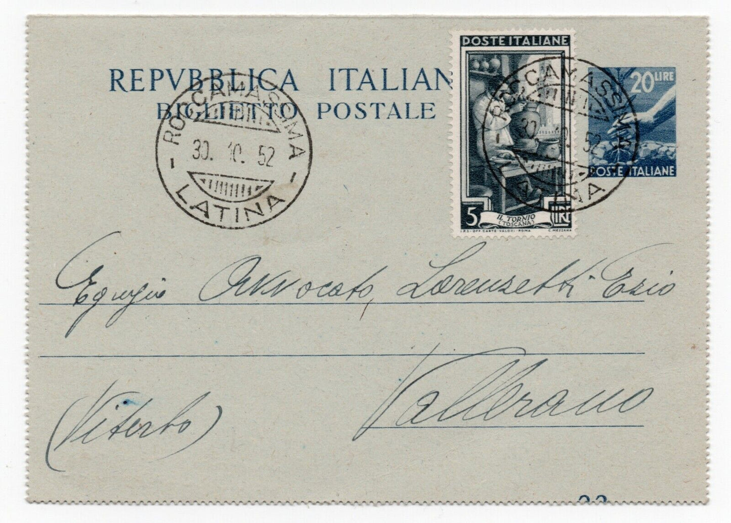 1946 - Repubblica italiana - Biglietto postale 20 L. e 5 L. blu