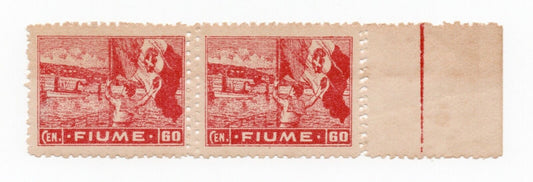 1919 - Regno d'Italia (Fiume) - Allegorie, coppia 60 c. lacca doppia dent. MH