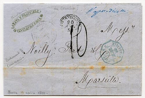 Lettera per Marsiglia con bolli Civitavecchia 1859 e bollo bastimenti Commercio