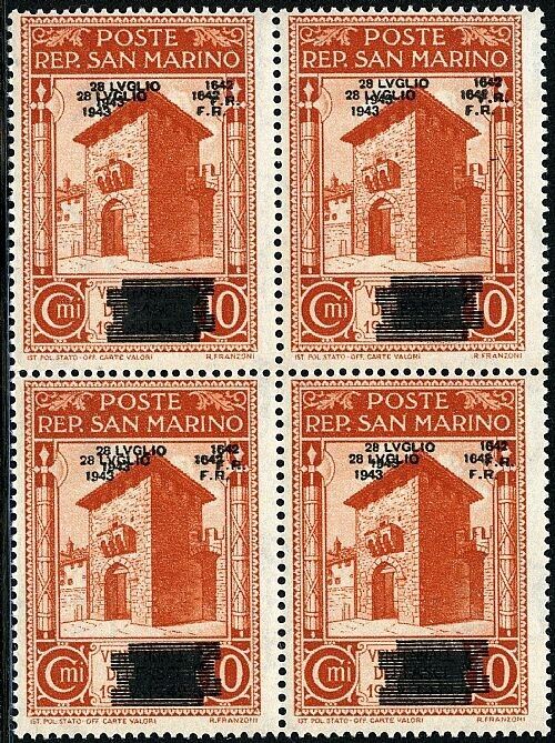 1943 San Marino - Quartina 10 c. Caduta del fascismo doppia soprastampa MNH**