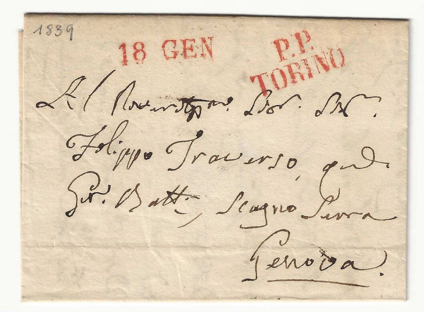 Sardegna - Prefilatelica per Genova 1839 con bollo rosso Porto Pagato Torino