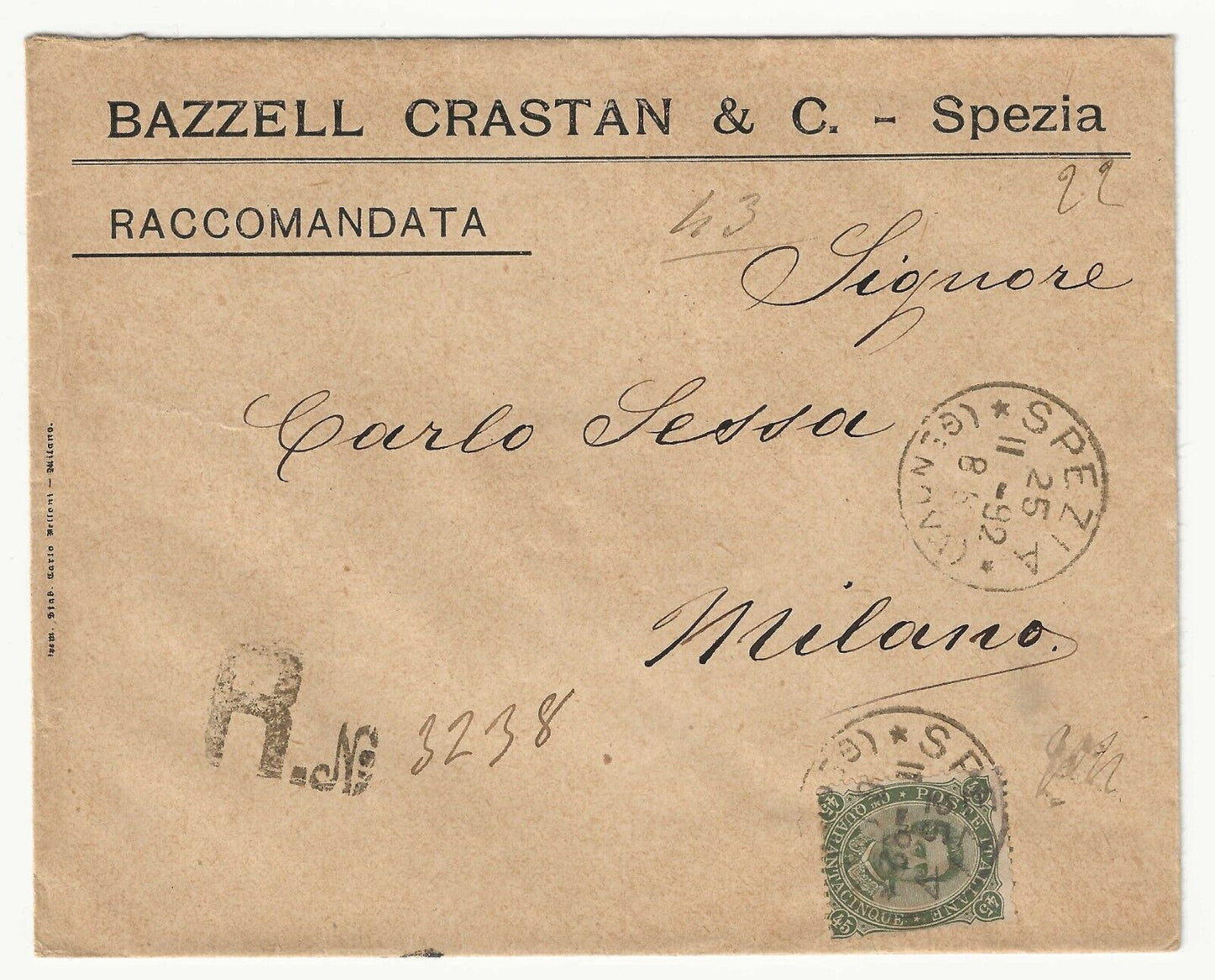 Regno - 45 cent. Umberto 1889 isolato su raccomandata per Milano