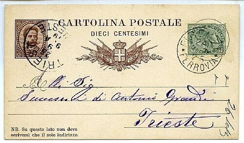 1879 Regno d'Italia - Cartolina postale 10 c. Umberto senza mill con 5 c. Torino