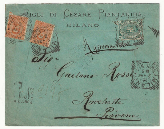 Regno d'Italia - Busta con 20 c. Umberto I 1879 e 5 c. 1891 per Piovene R.