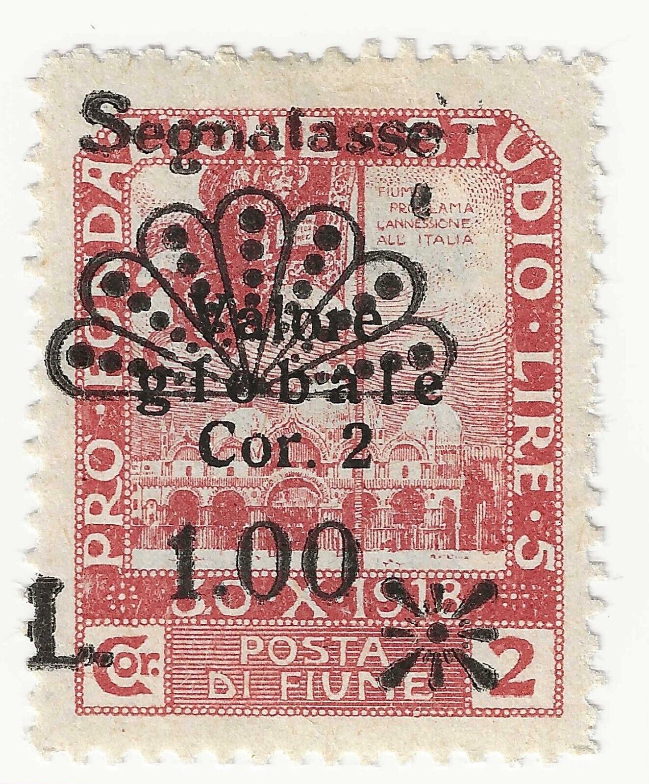 1921 Fiume - Port dû, surchargé Valeur Globale 1 L. sur 2 c. rose MH*